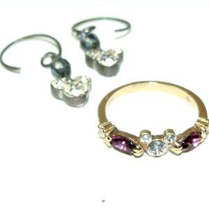 Disney Parks Vintage Mickey Mouse Swarovski Purple Gold Tone Ring Earring Size 6